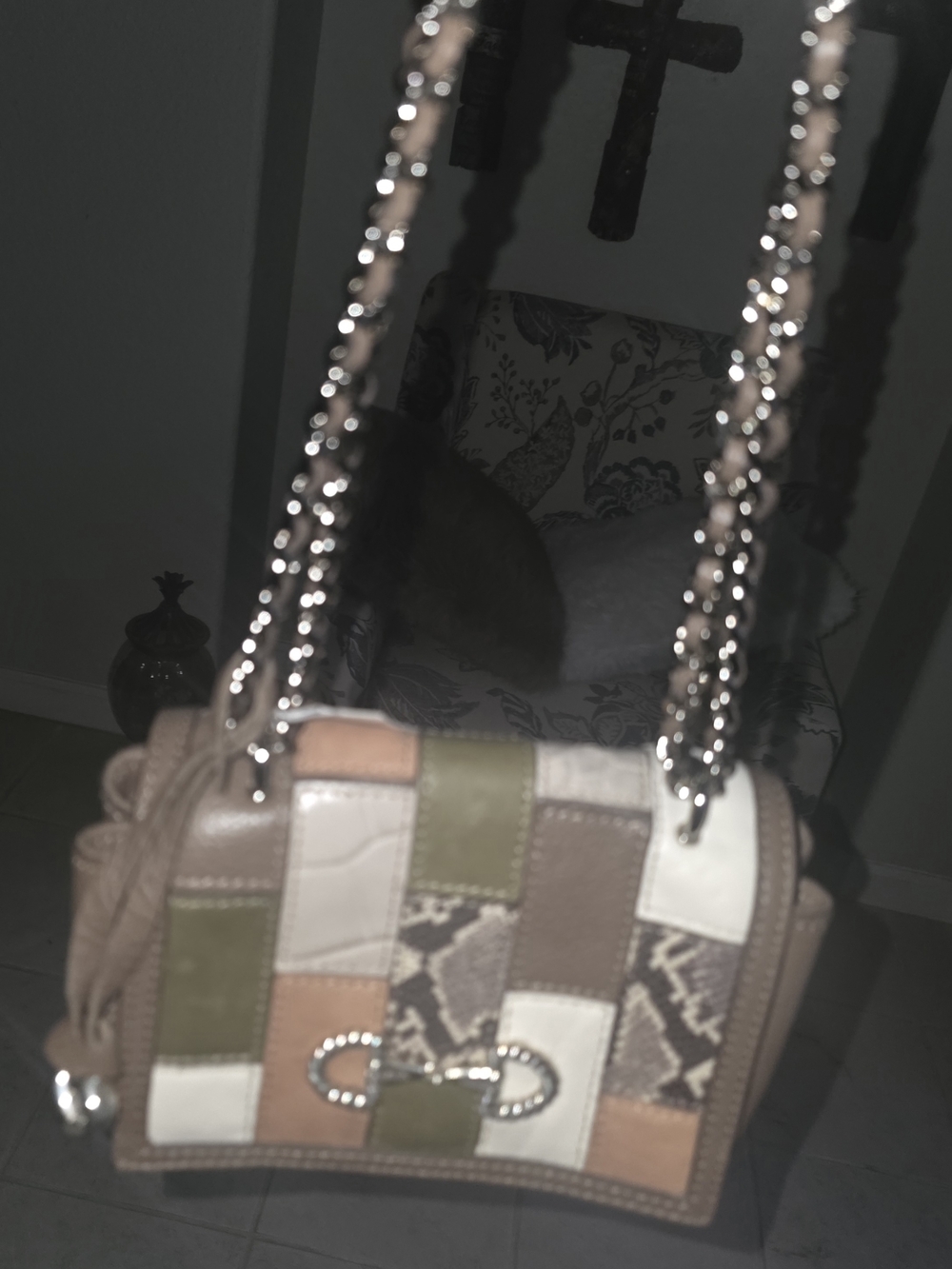Brighton Patchwork Chain Shoulder Bag in Olive, Tan & Cream
